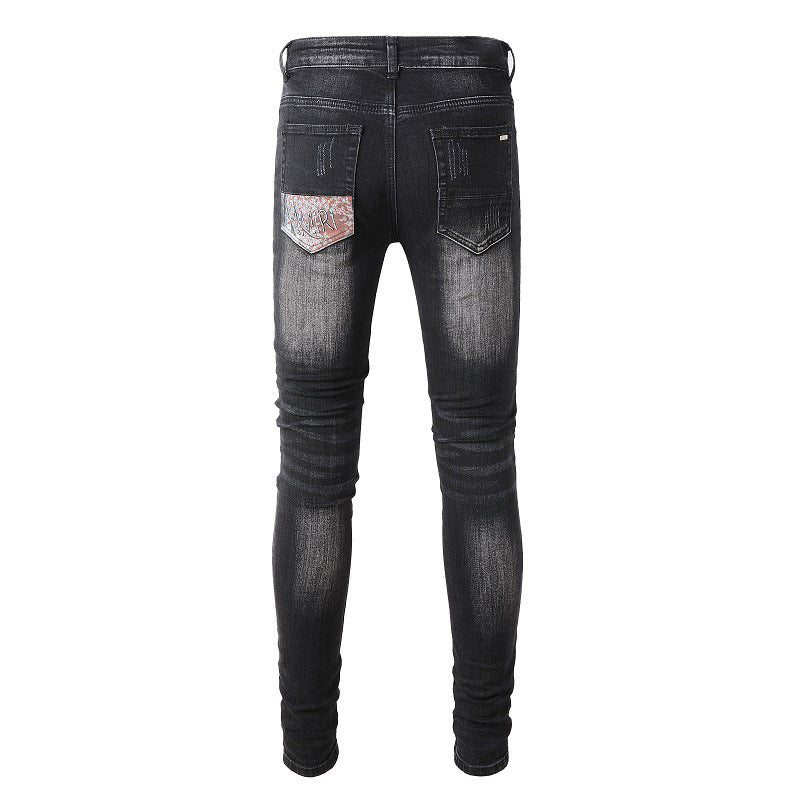 Street Denim Ripped Micro elastic Cotton Youth Black Paint splashed Back Bag Print Skinny Jeans #859