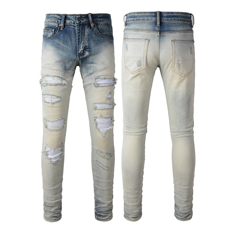 Street Casual Ripped Patch Diamond Slimming Small Foot Jeans #1339
