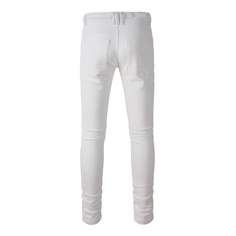 High Street Motorcycle Jeans Men's White Spliced Trousers Men #1100