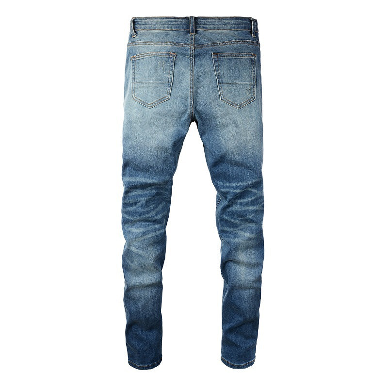 6520 Jeans Retro Pleated Ripped Patch Men's Slim Jeans