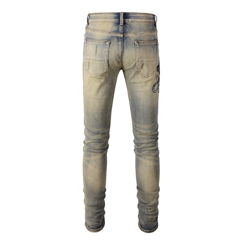 611 Retro Embroidered Cobra Ripped Patch Jeans Elastic Slim Denim
