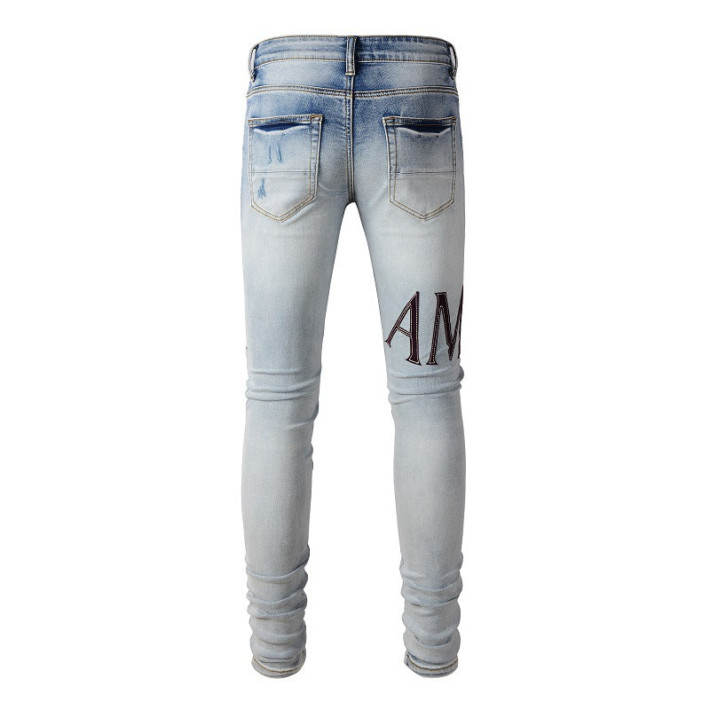 Street Letter Embroidered Jeans High Street Men Slim fitting Small Feet Jeans #1301