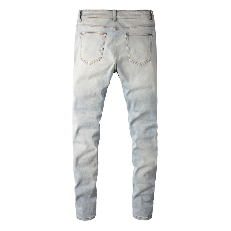 6624 High Street Ripped Patch Jeans Retro Men's Elastic Slim Fit Light Blue Jeans