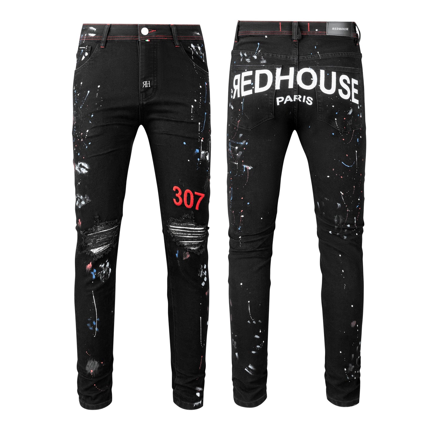 Jean slim coupe droite avec détails déchirés, brodés et peints pour un style urbain