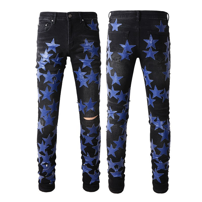 Jeans Pentagram Splicing Jeans High Craft Elastic Slim High Street Jeans