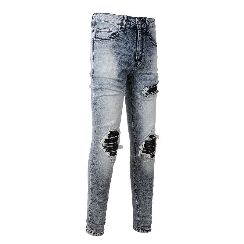 Retro Jeans Men's Pu Leather Ripped Patch Slim Fit Jeans #1338