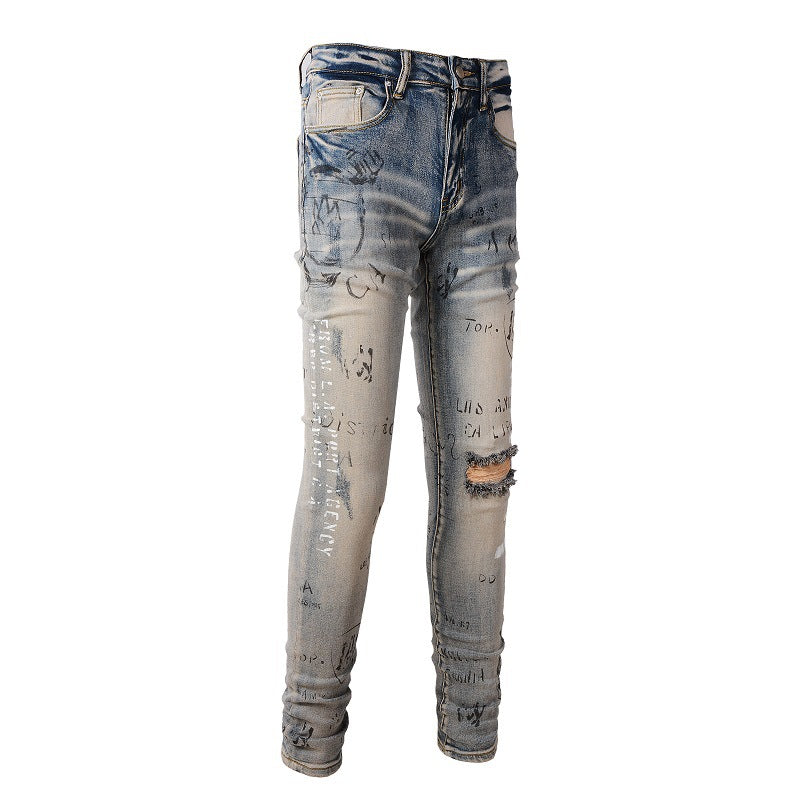 869 Street Spray Paint Colorful Letter Denim Cotton Youth Slim Jeans