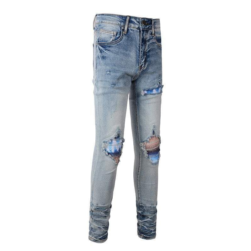 Personalized Printing Ripped Patch Jeans for Men, A Large size Jeans 1342