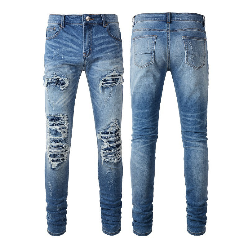 High Street Jeans Men's Ripped Patch Beggar Jeans Korean Version #6513