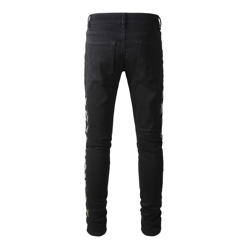 Jeans déchirés avec motif camouflage en cuir skinny #842
