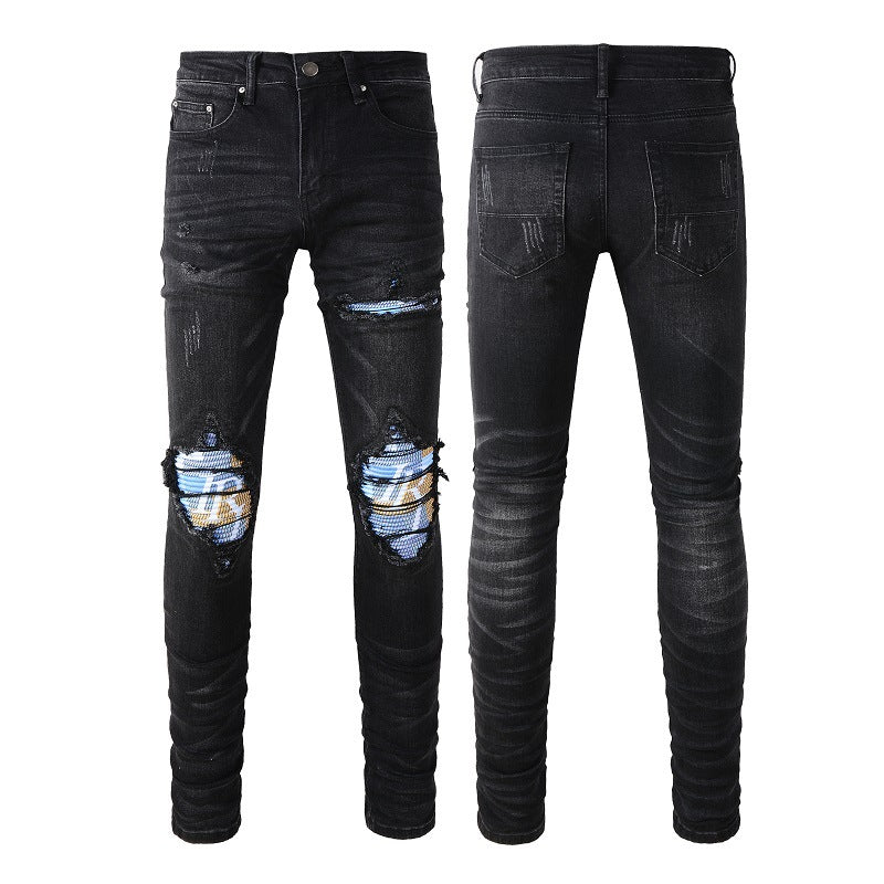 Street Washing Craft Letter Patch Jeans Retro Men's Stretch Slim Jeans