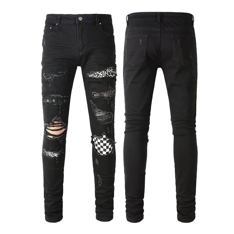 8538 High Street Ripped Patch Diamond encrusted Thin Men's Jeans Slim Fit