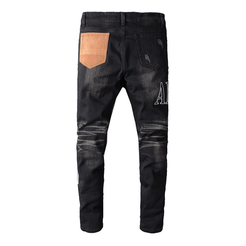 High Street Beggar Pants Hole Sticker Leopard Print Patch Slim Gradual Change Jeans Men #615