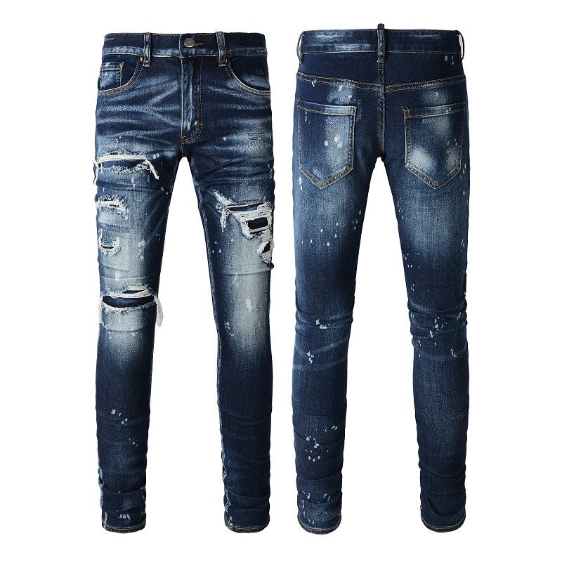 Style Class Hole Patch Thin Retro Blue Men's Jeans Korean Version 6905
