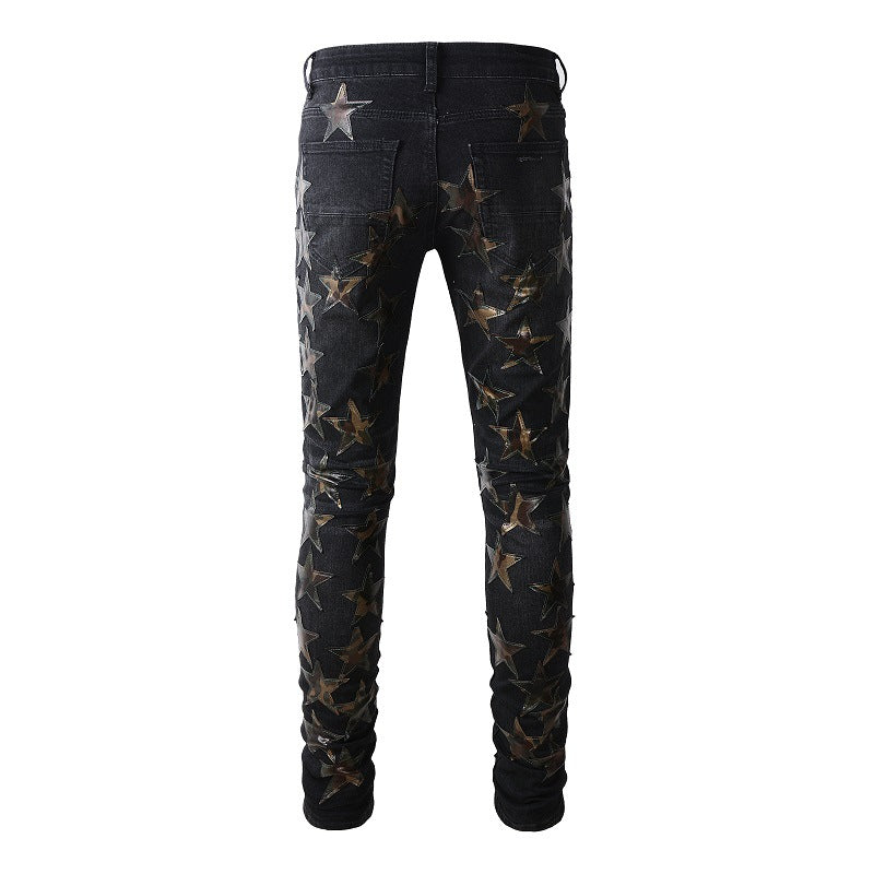 Ripped High Street Sticker Star Jeans High Craftsmanship Elastic Slim Fit #873