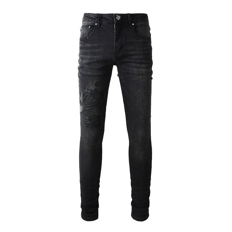 Street Embroidery Splicing Jeans High Street Men Stretch Slim Jeans #1312