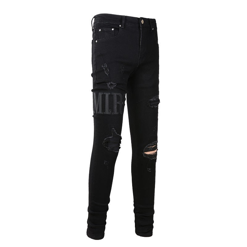 Street Ripped Letter Embroidered Jeans High Street Men Slim fitting Small Feet Jeans #892
