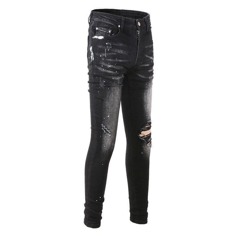 845 Street Ripped Patch Jeans High Street Slim Pants Denim
