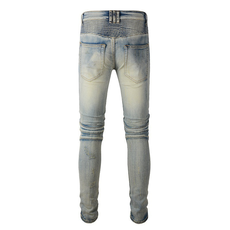 Hand worn Beggar Style Old Slim fitting Elastic Tailoring Locomotive Jeans