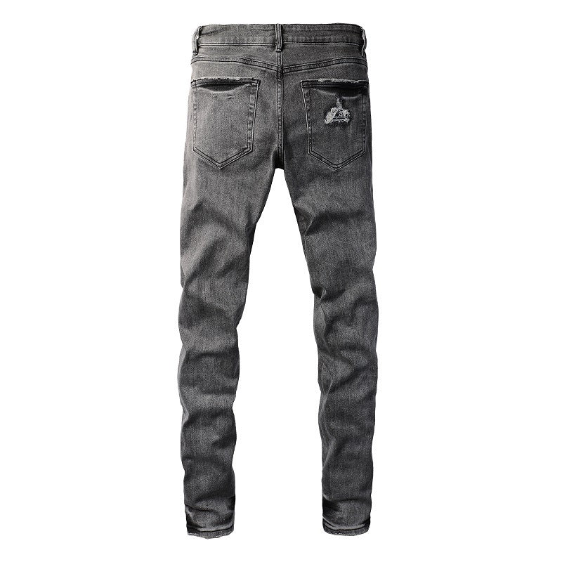Vintage Washed Ripped Cashew Flower Patch Elastic Slim Small Feet Dark Grey Jeans 1000-8903