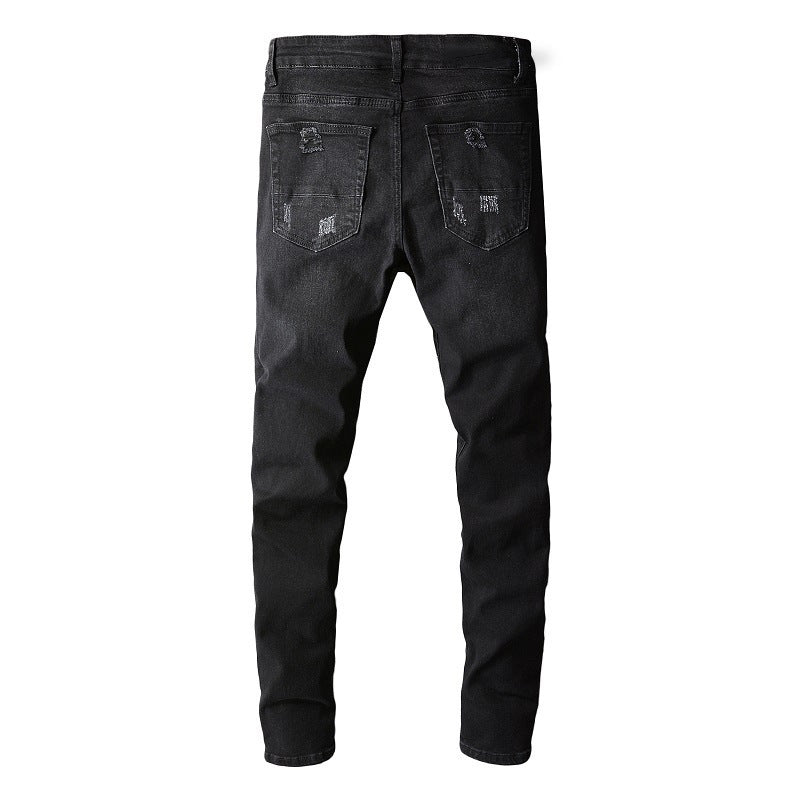 Jean noir moulant pour homme avec patchs cachemire et détails vieillis 669