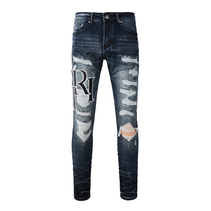 Street Letter Embroidery Ripped Patch Slim fit Small Foot Jeans