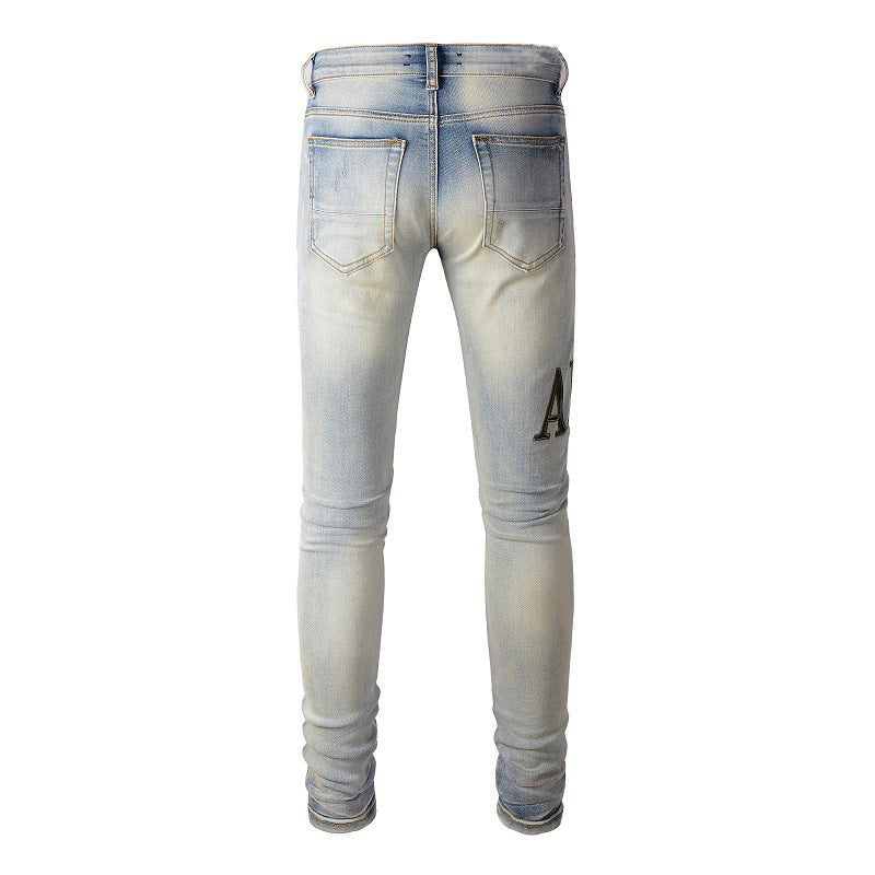Pantalon slim en denim avec broderie de lettres Street Hole Patch High Street pour homme #878