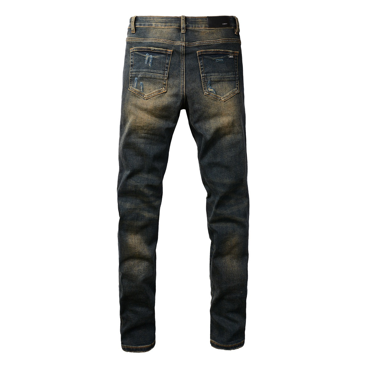 Jean slim stretch noir avec délavage vintage et détails en similicuir 8832