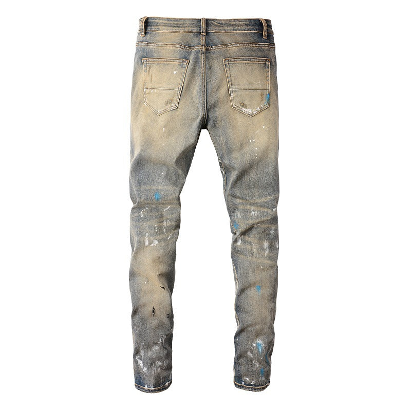 6556 High Street Ripped Patch Jeans Vintage Men's Elastic Slim High Street Denim