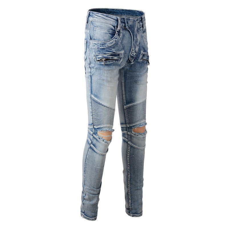 Locomotive tridimensionnelle couture rétro multi-poches déchiré petits pieds coupe slim élastique jean #917