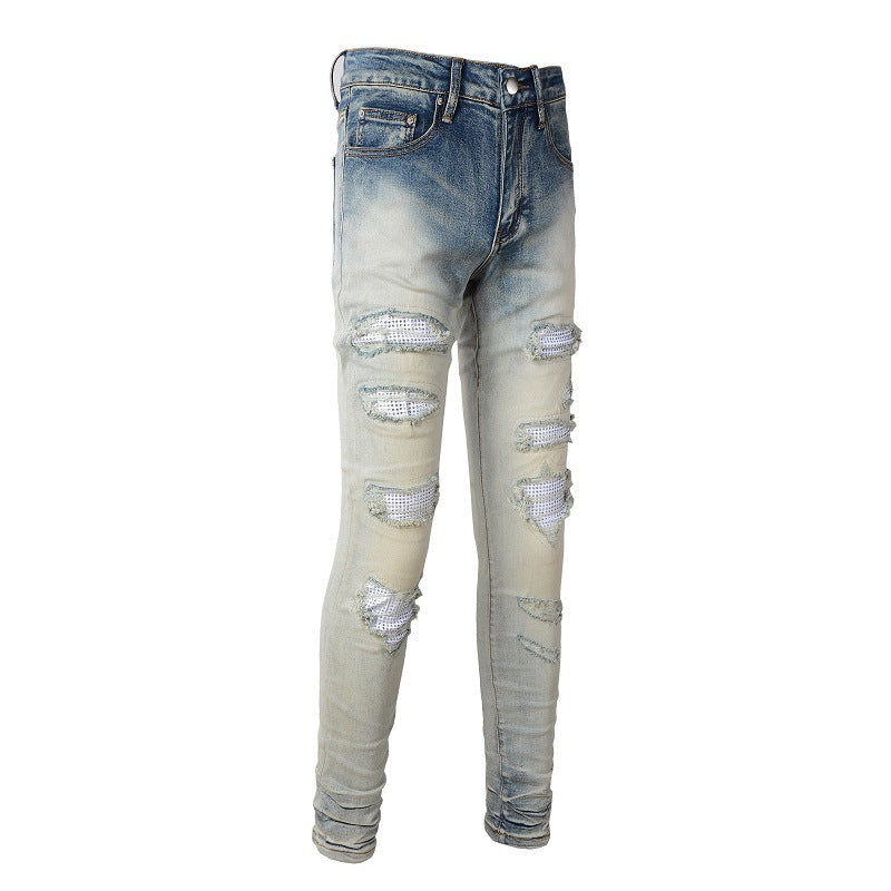 Street Casual Ripped Patch Diamond Slimming Small Foot Jeans #1339