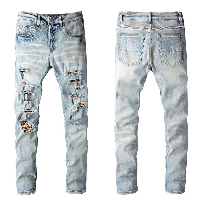 810 Slim fit High Street Jeans Ripped Leopard Patch Men's Jeans