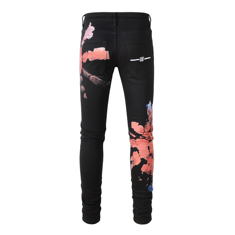 High Street Graffiti Pattern Stretch Slim Pants Jeans #1309