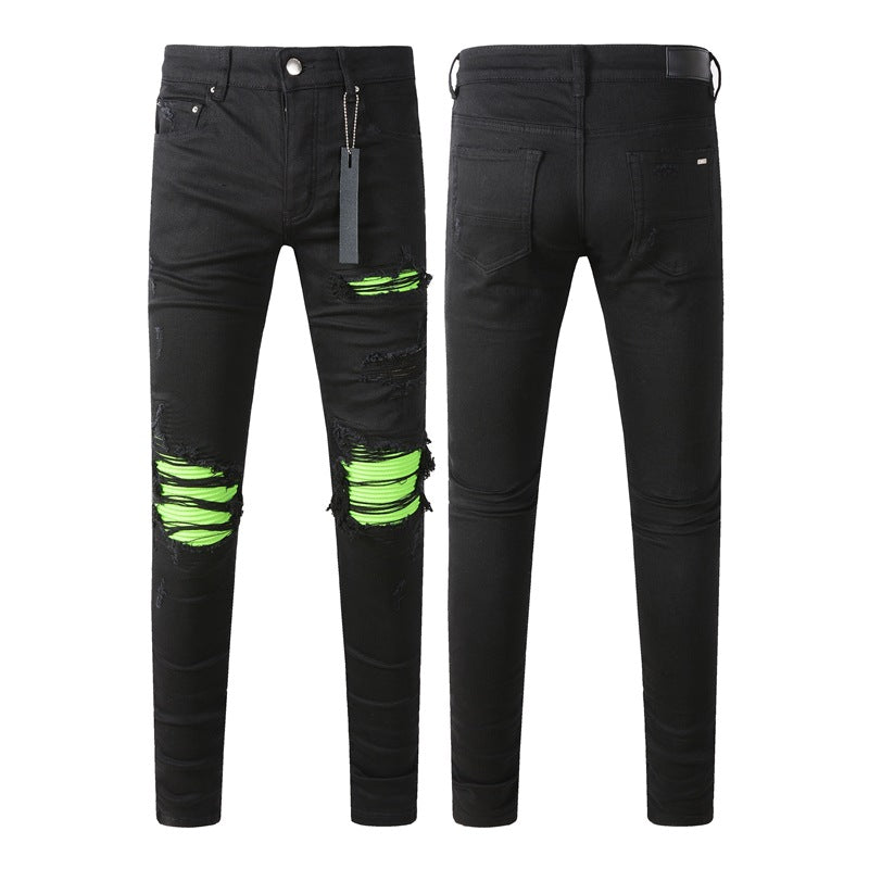 Jean skinny déchiré noir 8880 avec patchwork vert pour un look audacieux