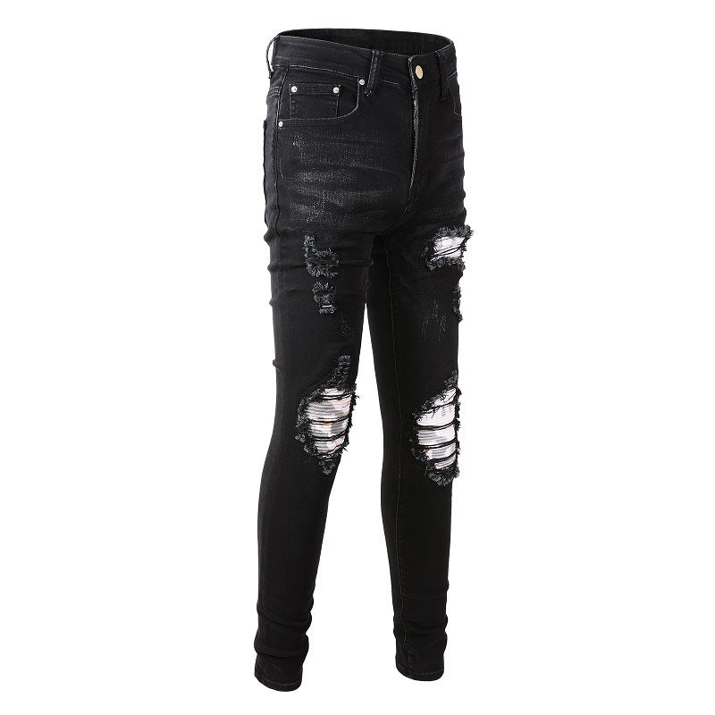 High Street Black Ripped Patch Jeans Stretch Slim High Street Jeans #849