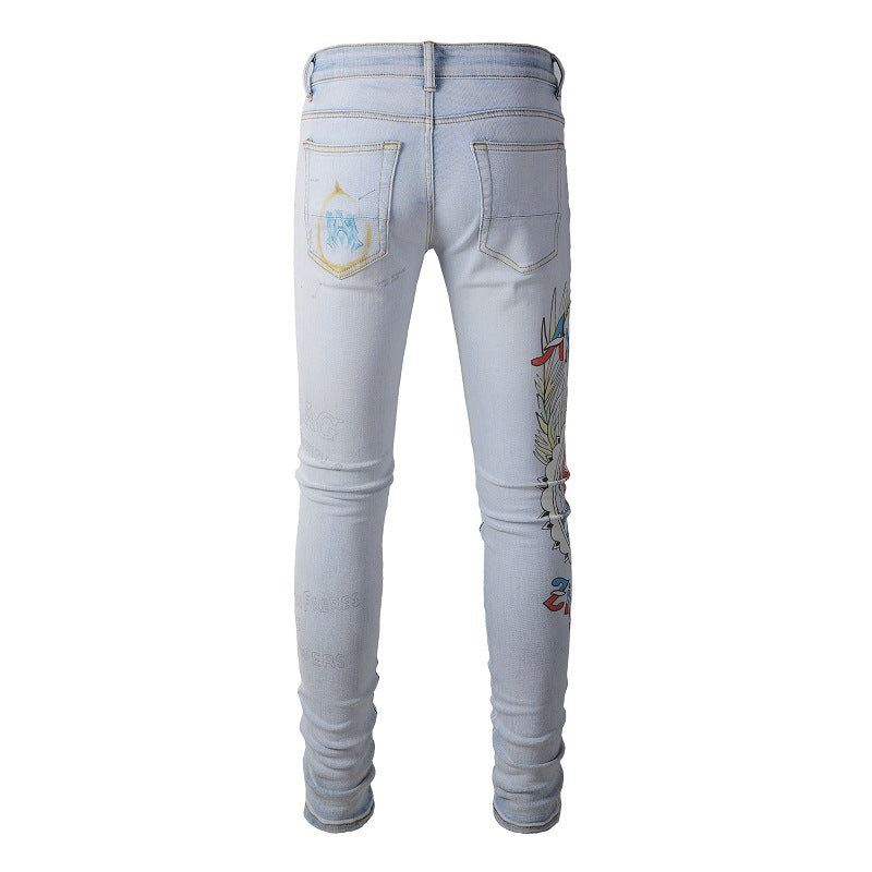 863 Digital Printing Jeans High craftsmanship Elastic Slim fitting Pants