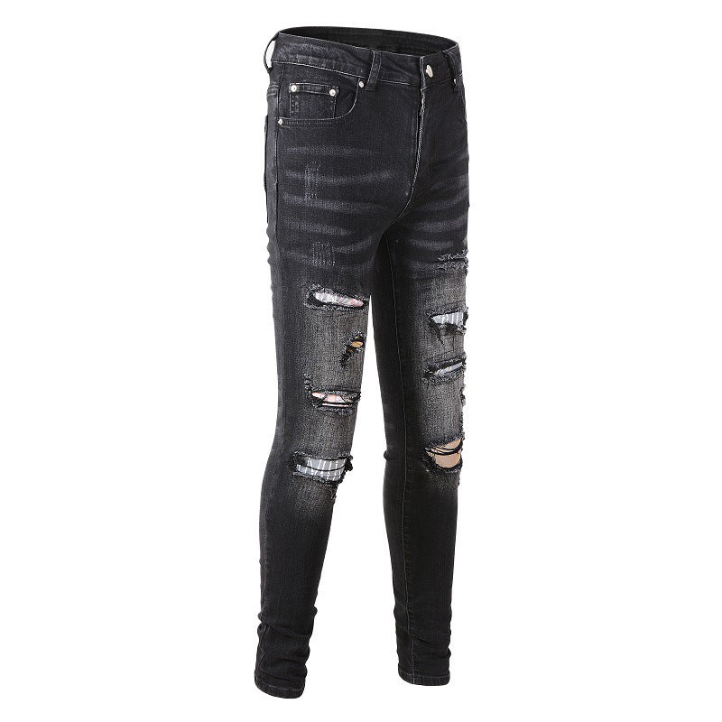 Street Denim Ripped Micro elastic Cotton Youth Black Paint splashed Back Bag Print Skinny Jeans #859