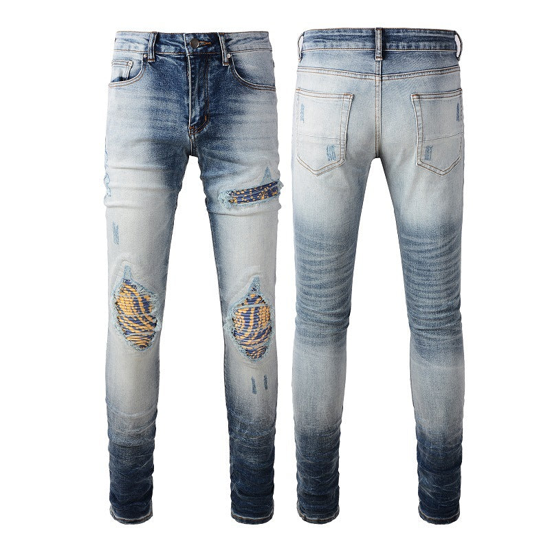 New Retro Jeans Men's Ripped Patch Beggar Slim Jeans #1330