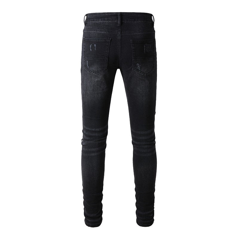 High Street Ripped Patch Jeans Men's Patch Elastic Slim fitting Pants #875