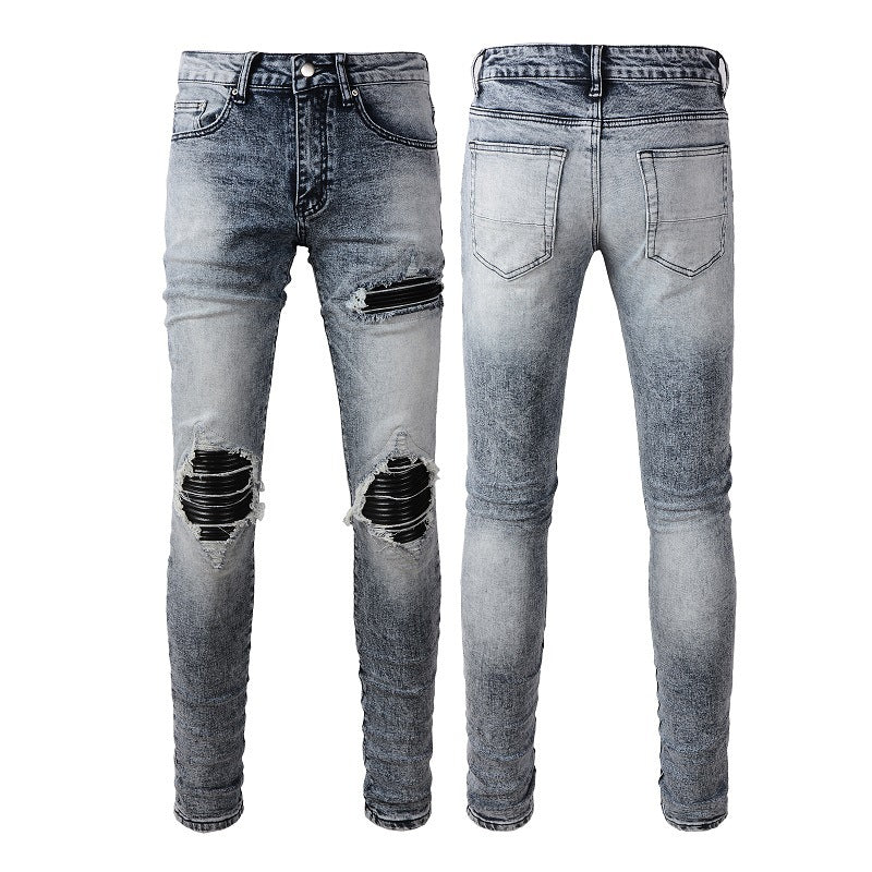 Retro Jeans Men's Pu Leather Ripped Patch Slim Fit Jeans #1338