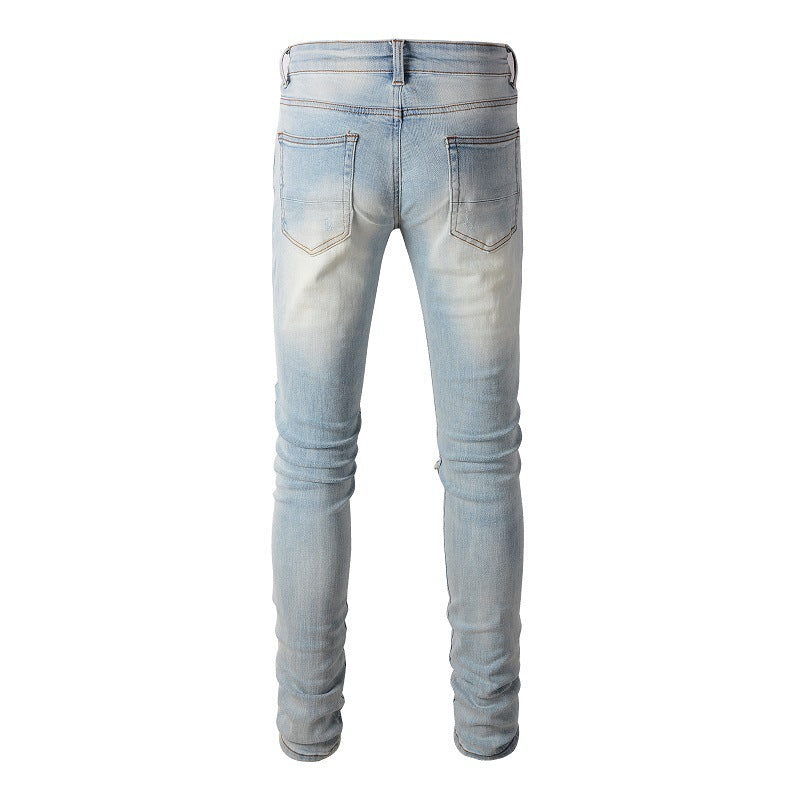 6637 High Street Hole Gradual Change Color Patch Jeans Retro Men Elastic Slim High Street Jeans