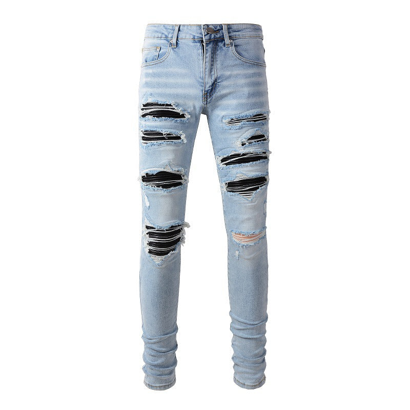1307 High Street Jeans Sticker Hand worn Ripped Jeans Slim fitting and Thin Small Feet Jeans