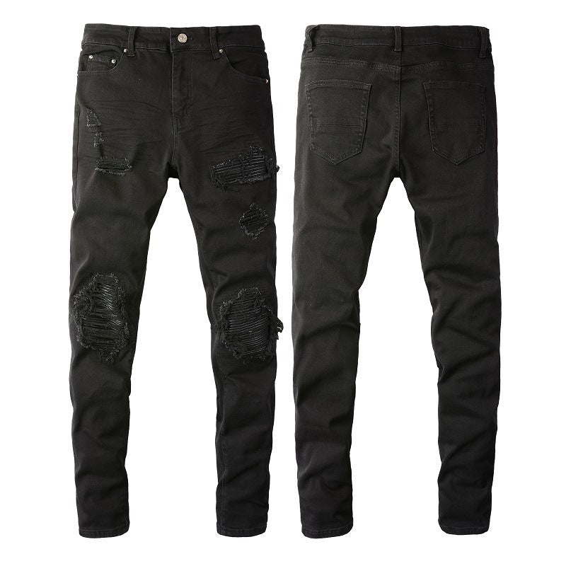 Jean slim noir pour homme avec grandes déchirures au genou et motif patchwork 602