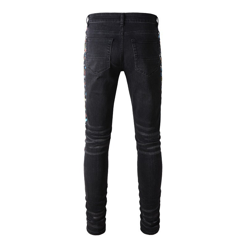 Street Denim Casual Trousers Micro elastic Cotton Youth Black Paint splashed Skinny Jeans #865