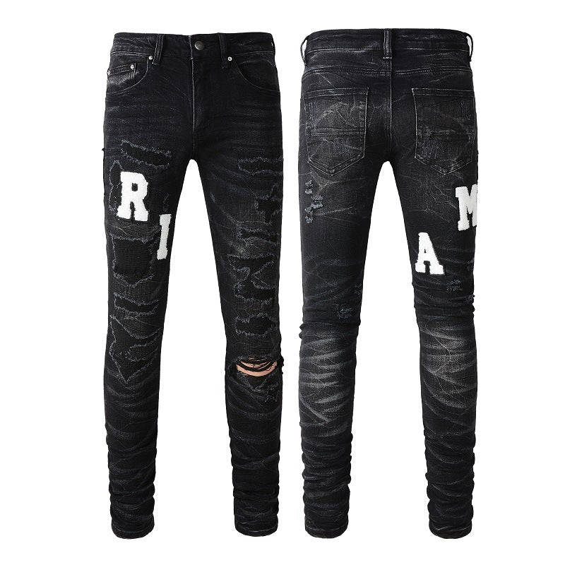 Street Jeans Leather Embroidered Letter Ripped Thread Patch Elastic Slim fit Pants (1313-8815)