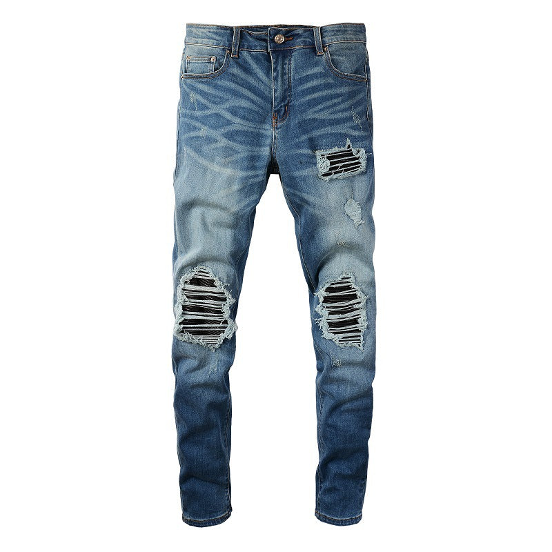6520 Jeans Retro Pleated Ripped Patch Men's Slim Jeans