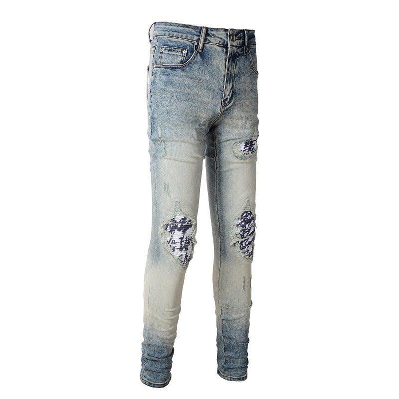 High Street Jeans Men's Ripped Black and White Patch Beggar Slim Jeans #1336