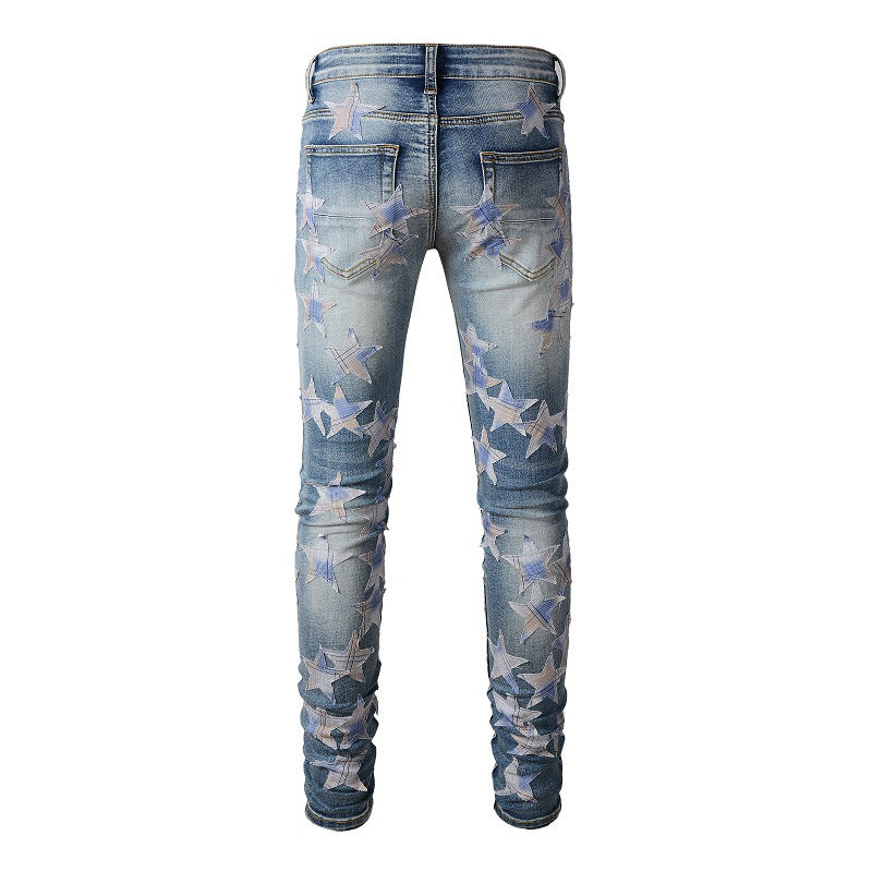 Ripped High Street Sticker Star Jeans High Craftsmanship Elastic Slim Fit #874
