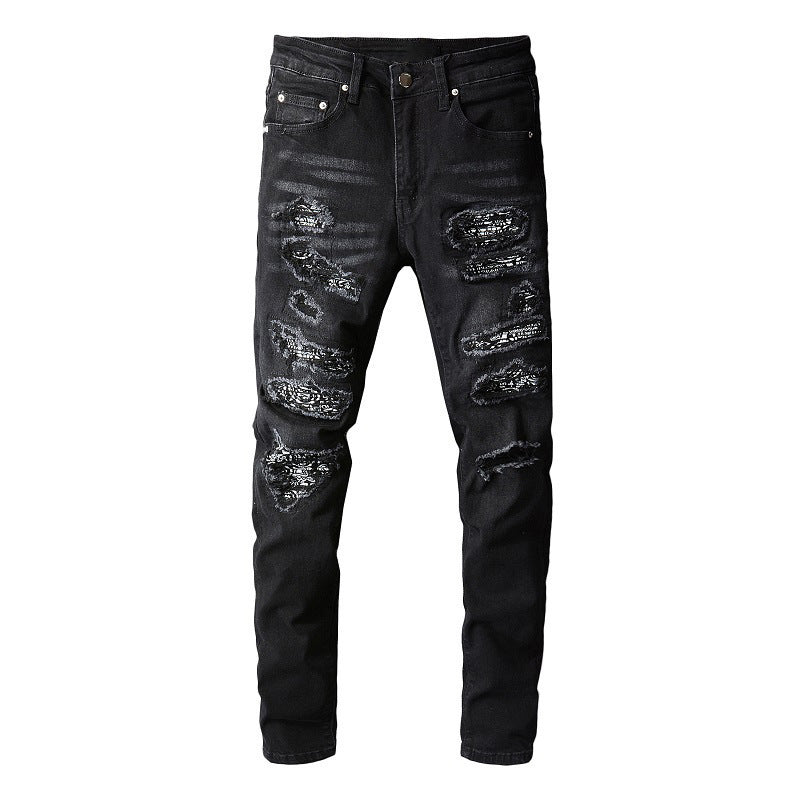 Jean noir moulant pour homme avec patchs cachemire et détails vieillis 669