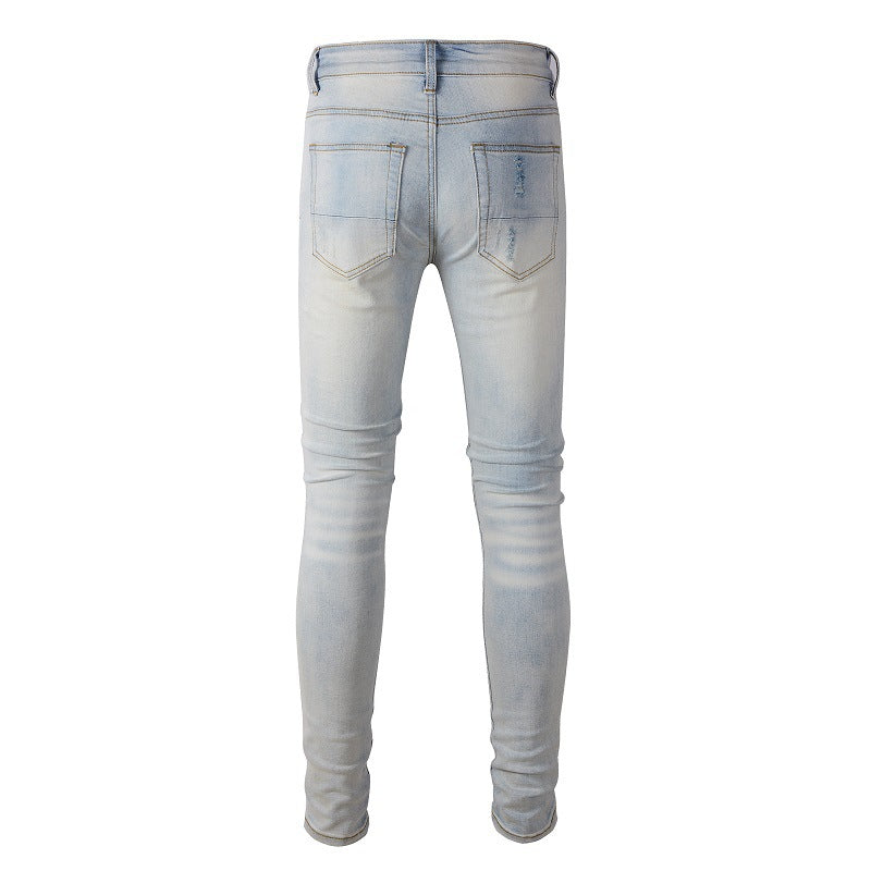 645 Ripped Blue Patch Jeans Elastic Slim Slim High Street Jeans